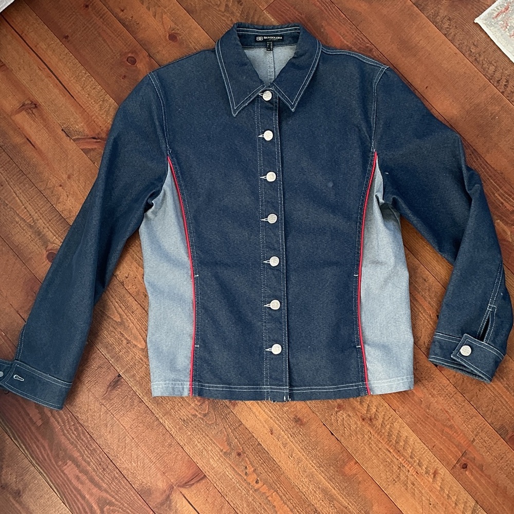 Stylish Denim Jacket with Red Accents. Unique style.